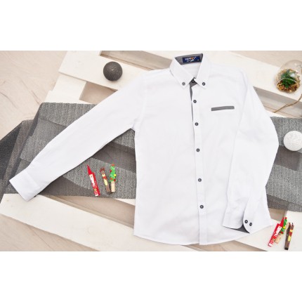 Biała koszula chłopięca czarne dodatki długi rękaw elegancka