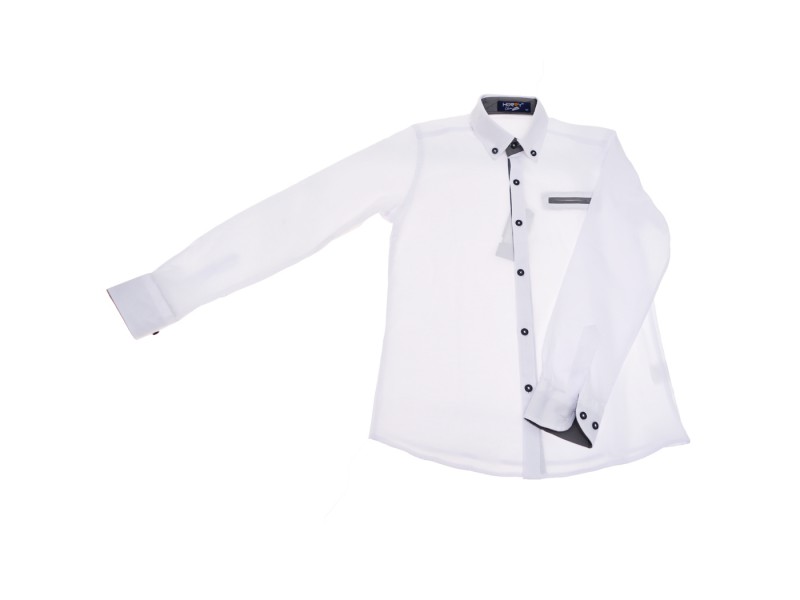 Biała koszula chłopięca czarne dodatki długi rękaw r.110-134 elegancka