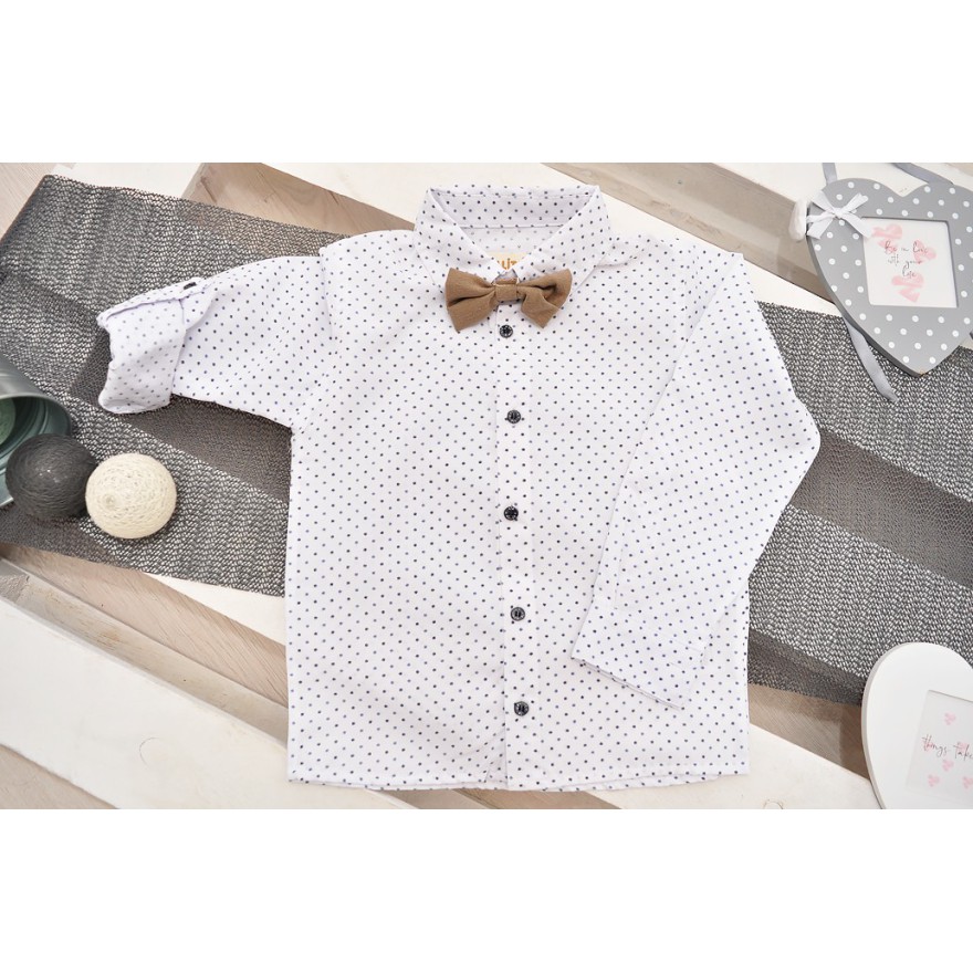 KOMPLET DLA CHŁOPCA  biała koszula, spodnie, muszka, szelki WIZYTOWY wzór: śnieżki, brąz ciemny