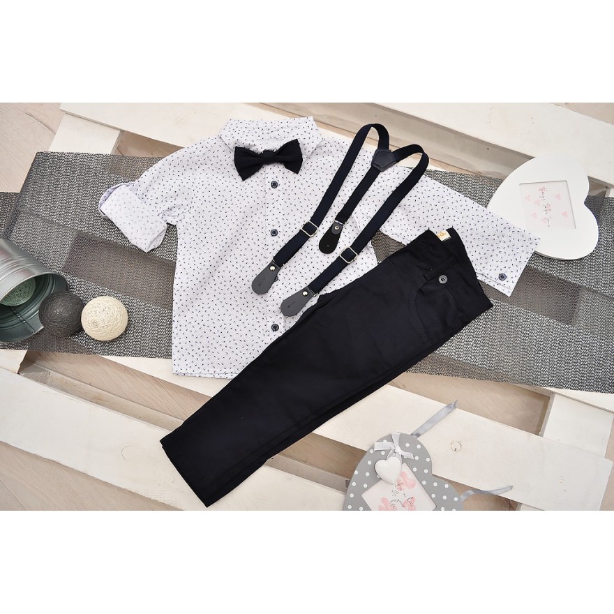 KOMPLET DLA CHŁOPCA  biała koszula, spodnie, muszka, szelki WIZYTOWY wzór: łezki, granat