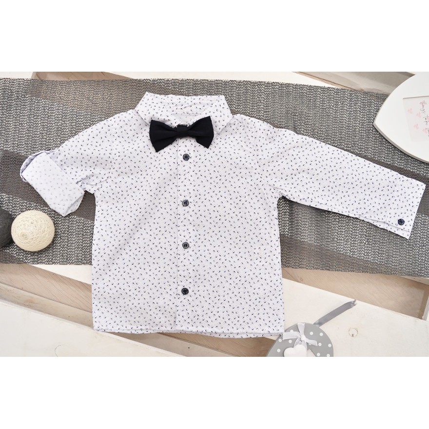 KOMPLET DLA CHŁOPCA  biała koszula, spodnie, muszka, szelki WIZYTOWY wzór: łezki, granat