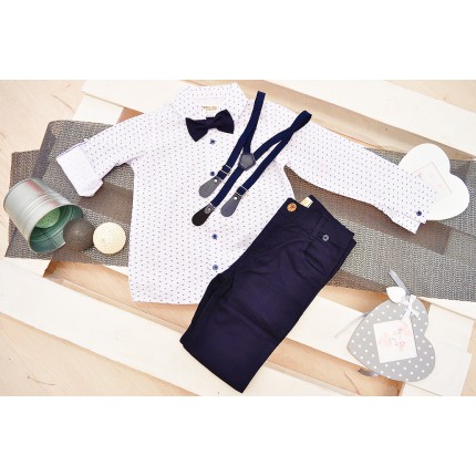 KOMPLET DLA CHŁOPCA  biała koszula, spodnie, muszka, szelki WIZYTOWY wzór: mewy, granat