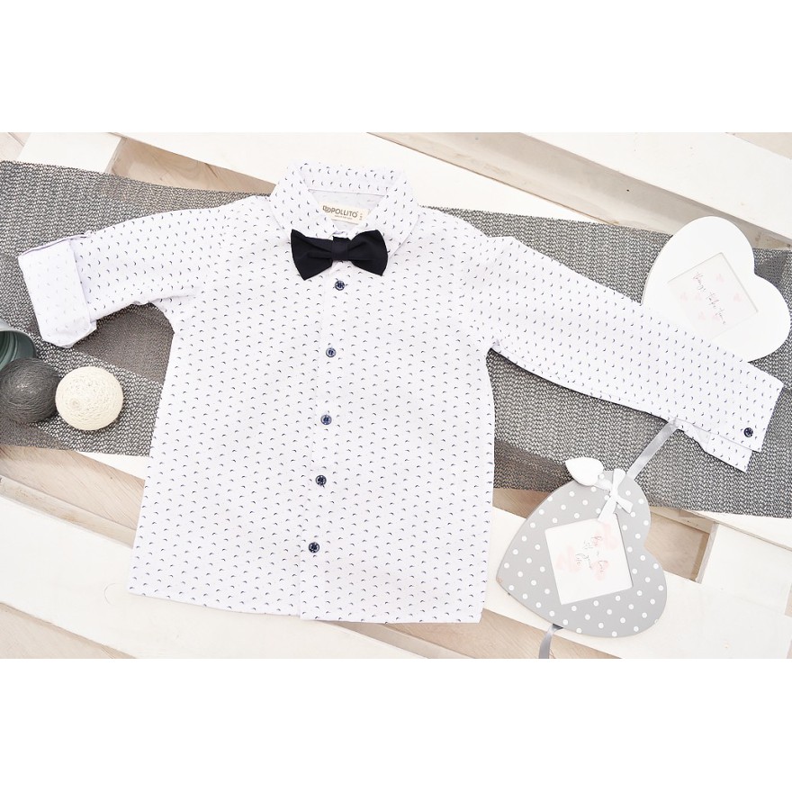 KOMPLET DLA CHŁOPCA  biała koszula, spodnie, muszka, szelki WIZYTOWY wzór: mewy, granat