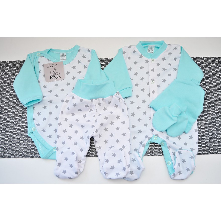 WYPRAWKA dla noworodka do szpitala 5 części miętowa w gwiazdki wzór 157M