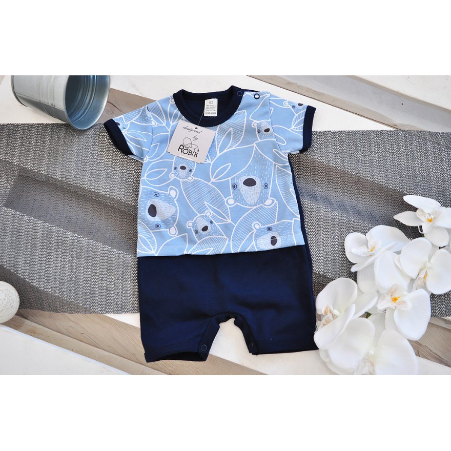 Letni RAMPERS pajac granatowo-niebieski w misie wzór 187G