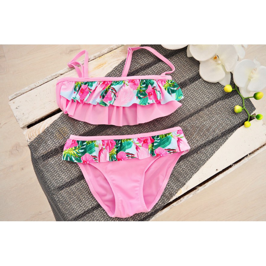 Różowy kostium kąpielowy dwuczęściowy w flamingi, strój basen