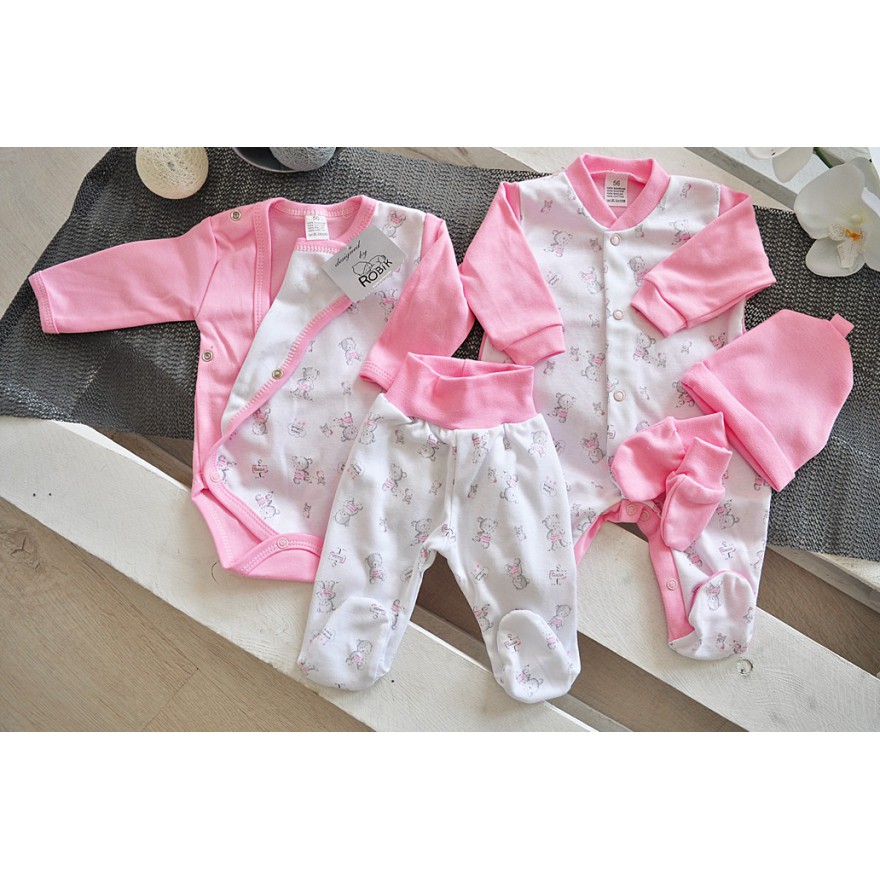 WYPRAWKA dla noworodka do szpitala 5 części różowa w misie wzór 356R