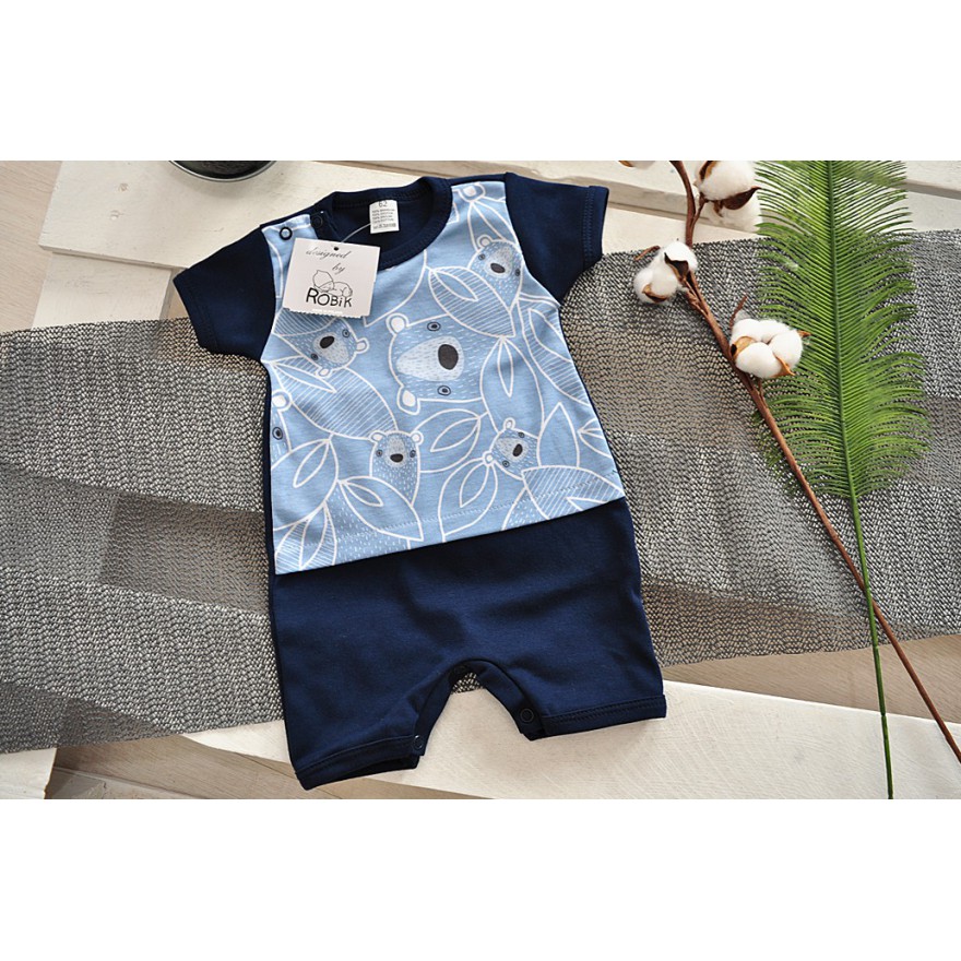 Letni RAMPERS pajac granatowo-niebieski w misie wzór 187Gn