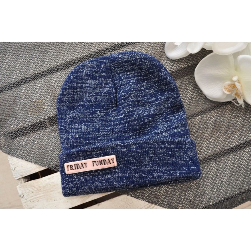 Granatowa ZIMOWA CZAPKA podwójna FUN DAY brokat