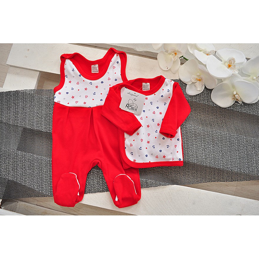 Czerwona WYPRAWKA dla wcześniaka w kotwice koszulka + śpiochy 2cz. wzór 211C