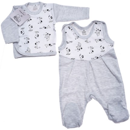 Szara WYPRAWKA dla wcześniaka w pieski koszulka + śpiochy 2cz. wzór 167S