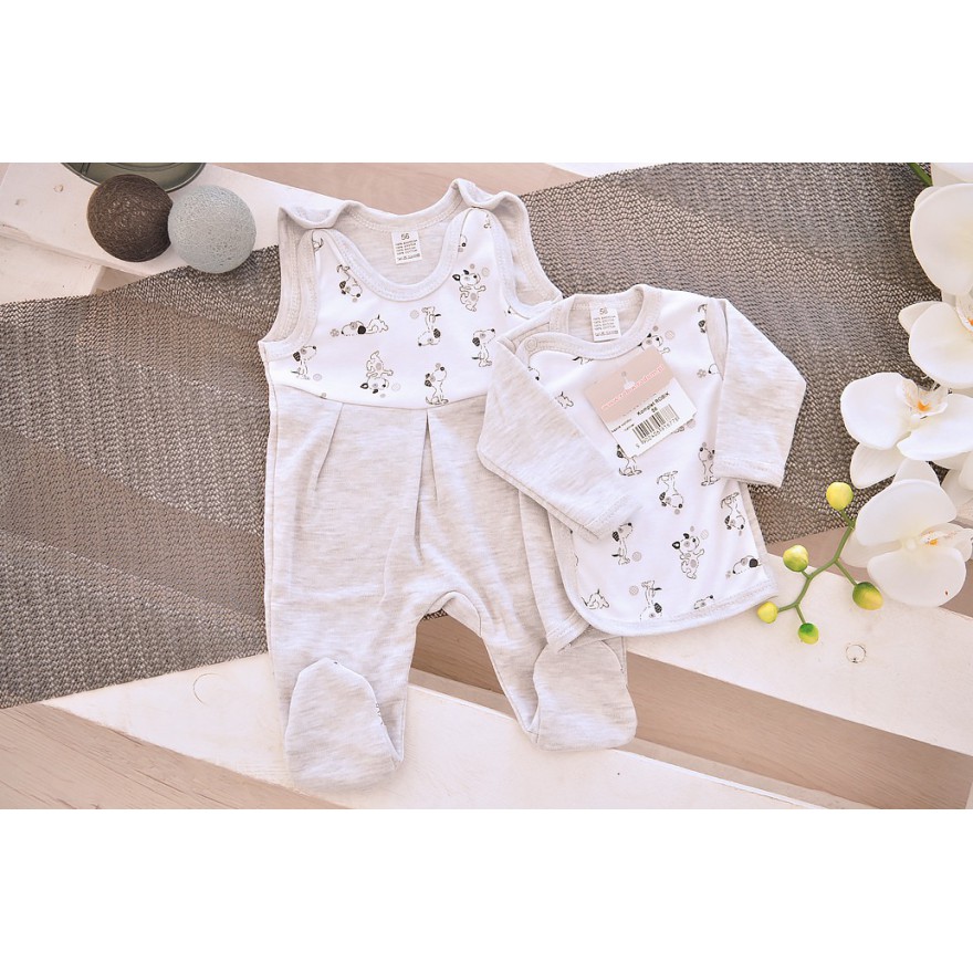 Szara WYPRAWKA dla wcześniaka w pieski koszulka + śpiochy 2cz. wzór 167S