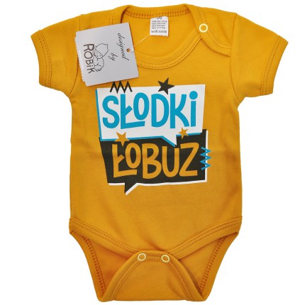 Musztardowe BODY chłopięce SŁODKI ŁOBUZ krótki rękaw LATO wzór 618kr