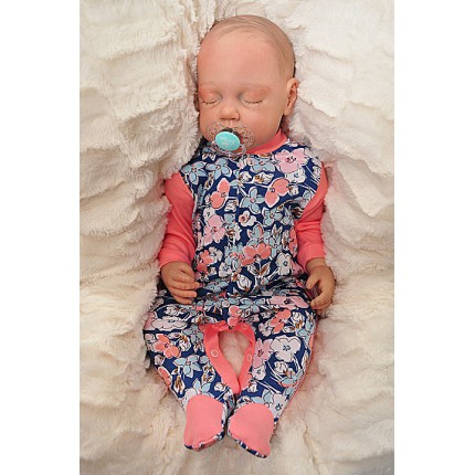 Pajac pajacyk bawełniany niebiesko-łososiowy w kwiaty wzór 357Ł