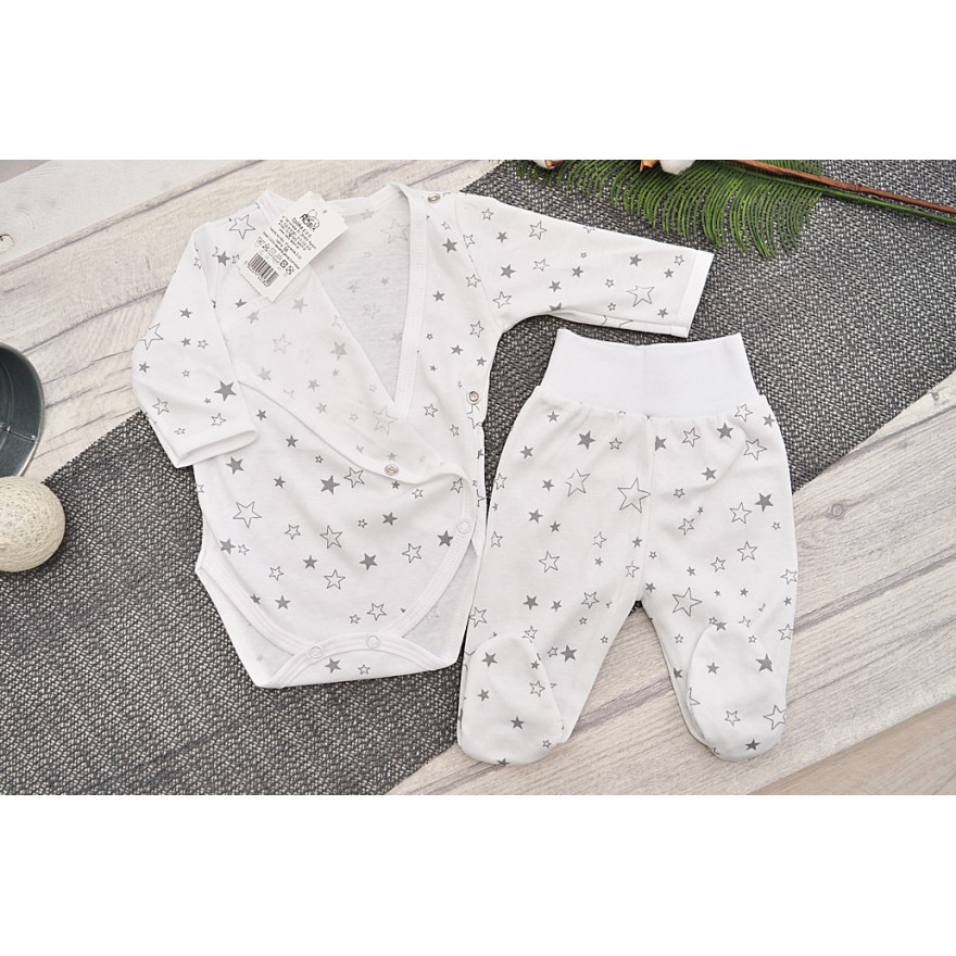 Komplet 2cz body kopertowe półśpiochy biały w szare gwiazdki piżamka