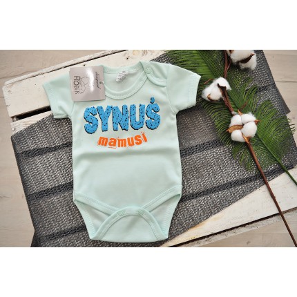 LICYTACJA Miętowe BODY chłopięce SYNUŚ MAMUSI krótki rękaw LATO wzór 615kr r.56
