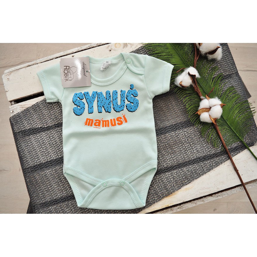 LICYTACJA Miętowe BODY chłopięce SYNUŚ MAMUSI krótki rękaw LATO wzór 615kr r.56