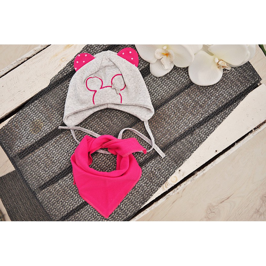 Szaro-amarantowy komplet MYSZKA czapka + apaszka wiosna/jesień wyprzedaż