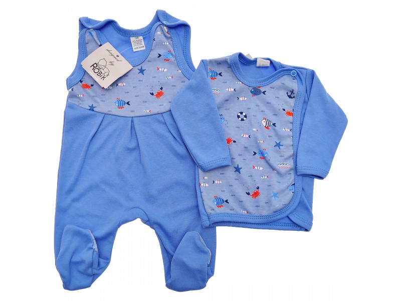 Niebieska WYPRAWKA dla noworodka w rybki koszulka + śpiochy 2cz. r.56-62 wzór 196N