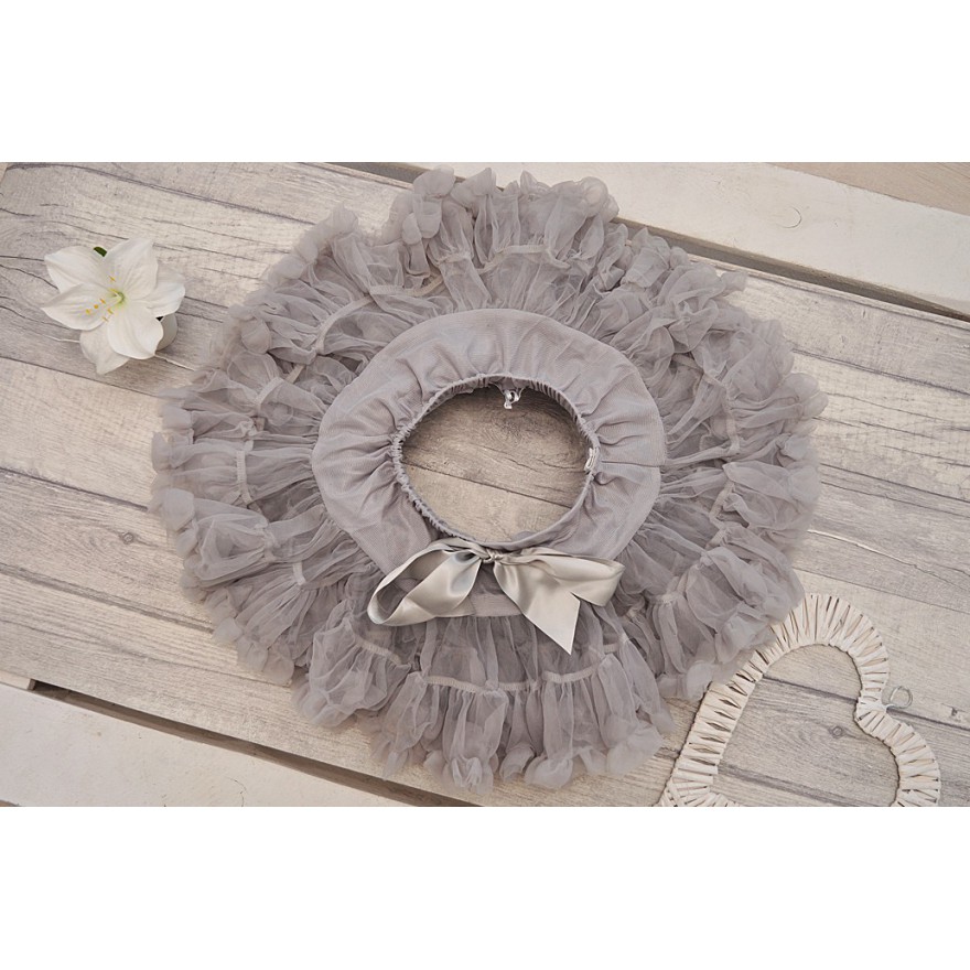 Puszysta szara SPÓDNICZKA tiulowa z falbankami, szkoła