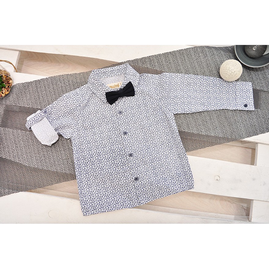 KOMPLET DLA CHŁOPCA koszula w granatowe słońca, spodnie, muszka, szelki WIZYTOWY