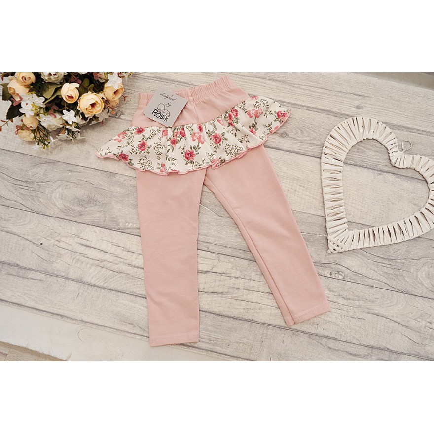 Pudrowe LEGINSY z falbanką w kwiaty GETRY wzór 354R