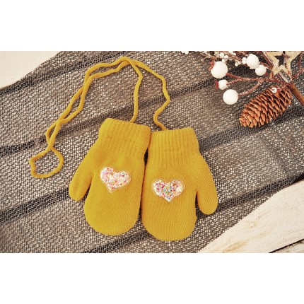 Musztardowe rękawiczki zimowe dziewczęce 1P SerceMU