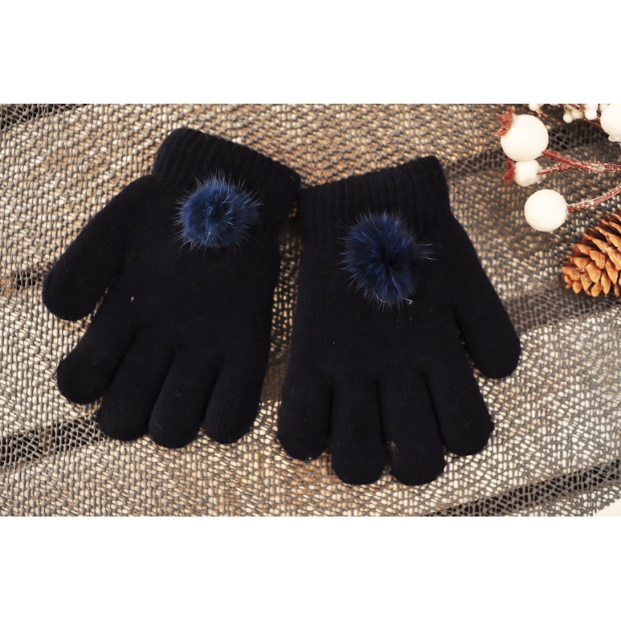 Granatowe rękawiczki zimowe dziewczęce z pomponem 5P