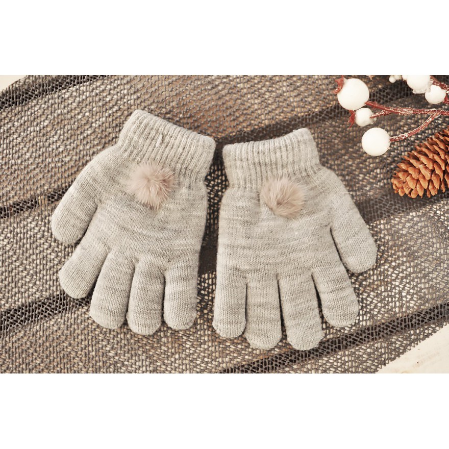 Szare rękawiczki zimowe dziewczęce z pomponem 5P
