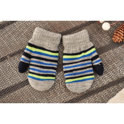 Szare rękawiczki zimowe chłopięce w paski 1P neonowy pasek