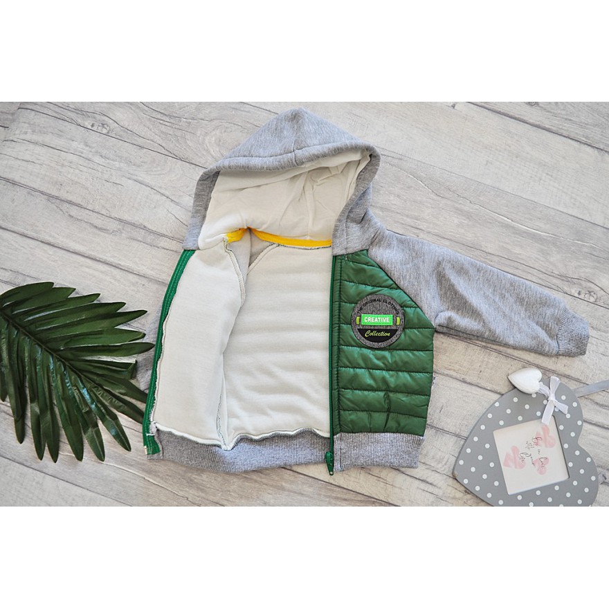 Komplet chłopięcy ocieplany, szaro-zielona kurtka bomberka , bluzka, spodnie