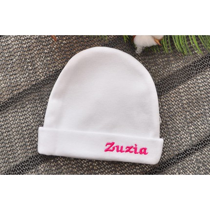 Biała CZAPECZKA dla noworodka SMERFETKA z imieniem Zuzia