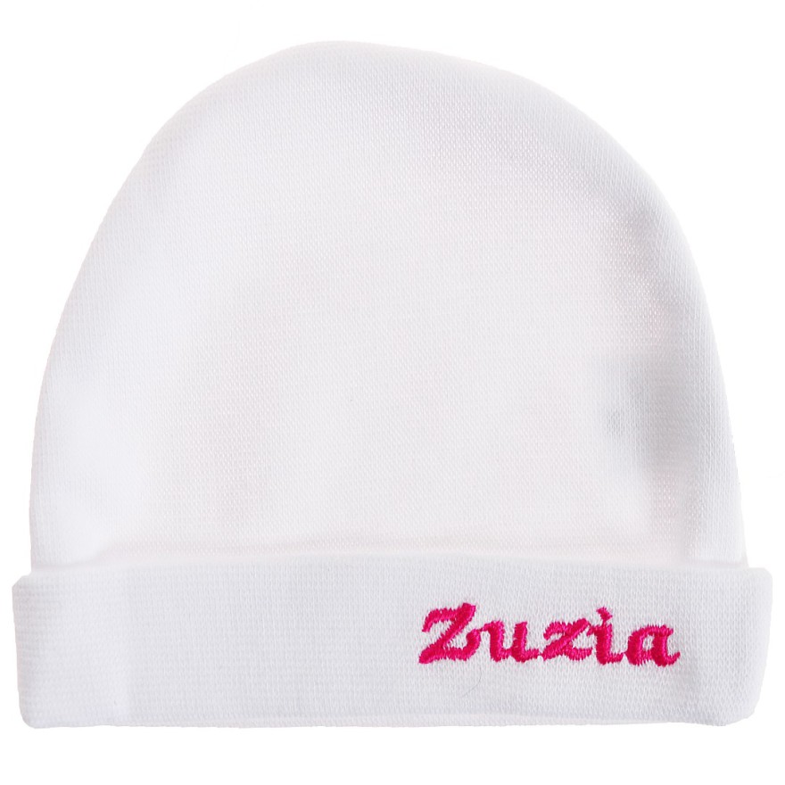 Biała CZAPECZKA dla noworodka SMERFETKA z imieniem Zuzia