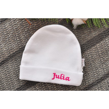 Biała CZAPECZKA dla noworodka SMERFETKA z imieniem Julia