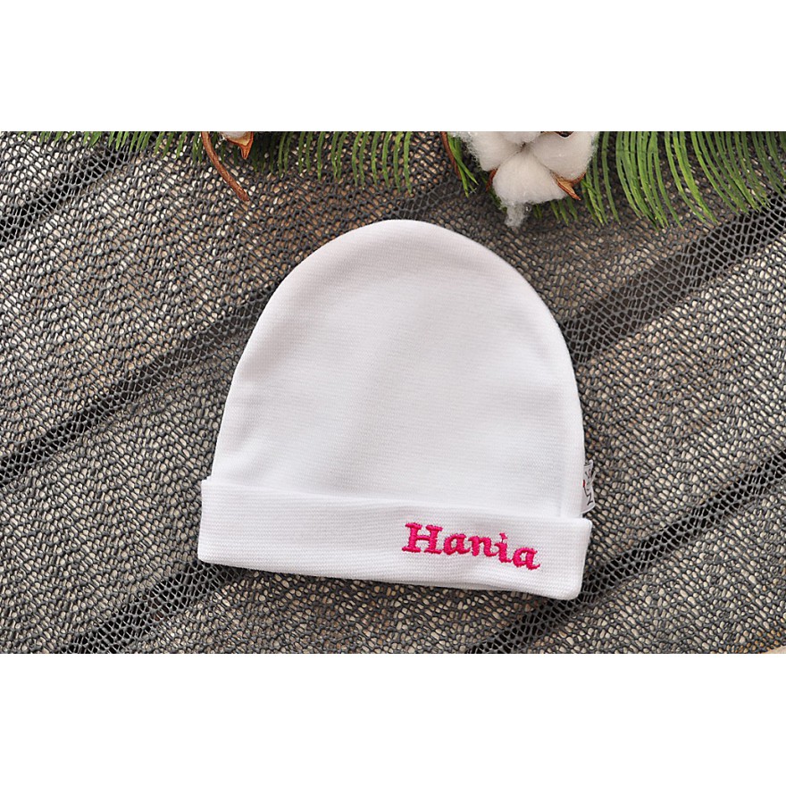 Biała CZAPECZKA dla noworodka SMERFETKA z imieniem Hania