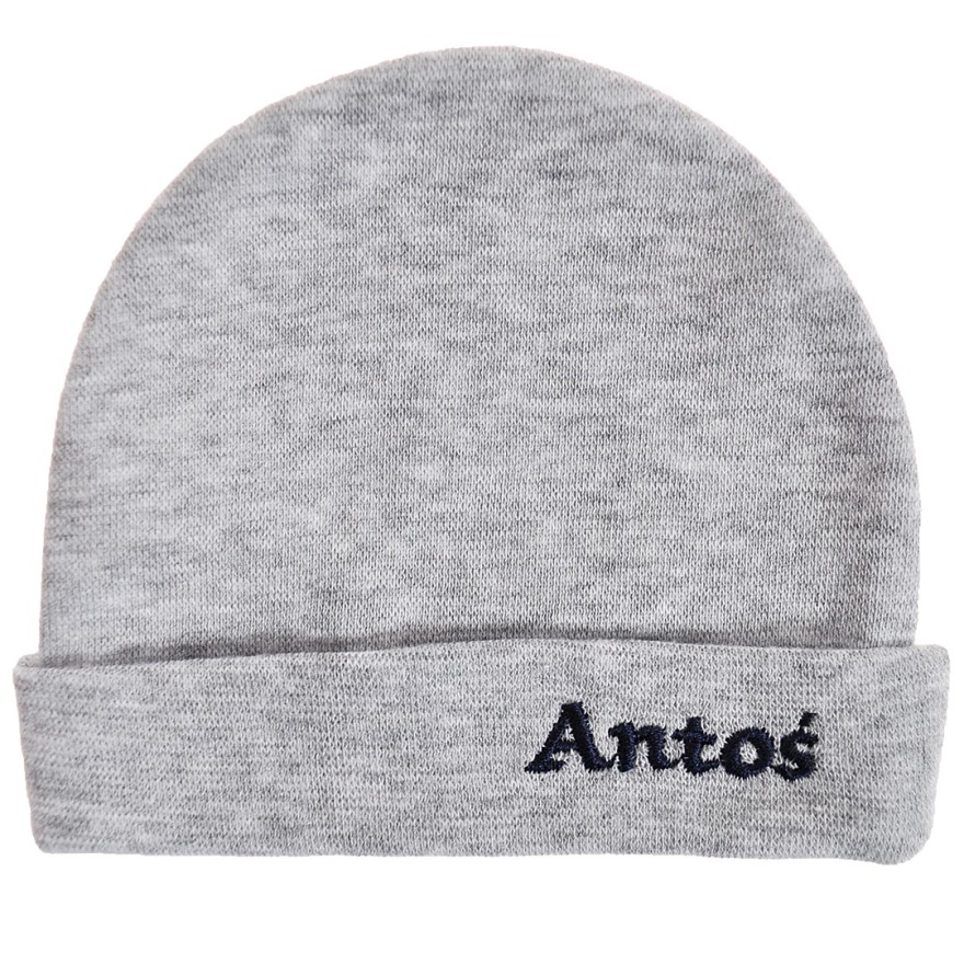 Szara CZAPECZKA dla noworodka SMERFETKA z imieniem Antoś