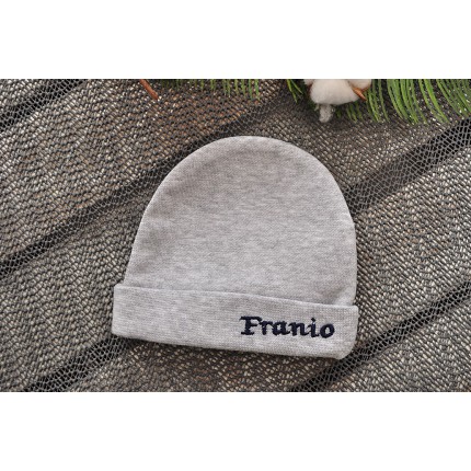 Szara CZAPECZKA dla noworodka SMERFETKA z imieniem Franio