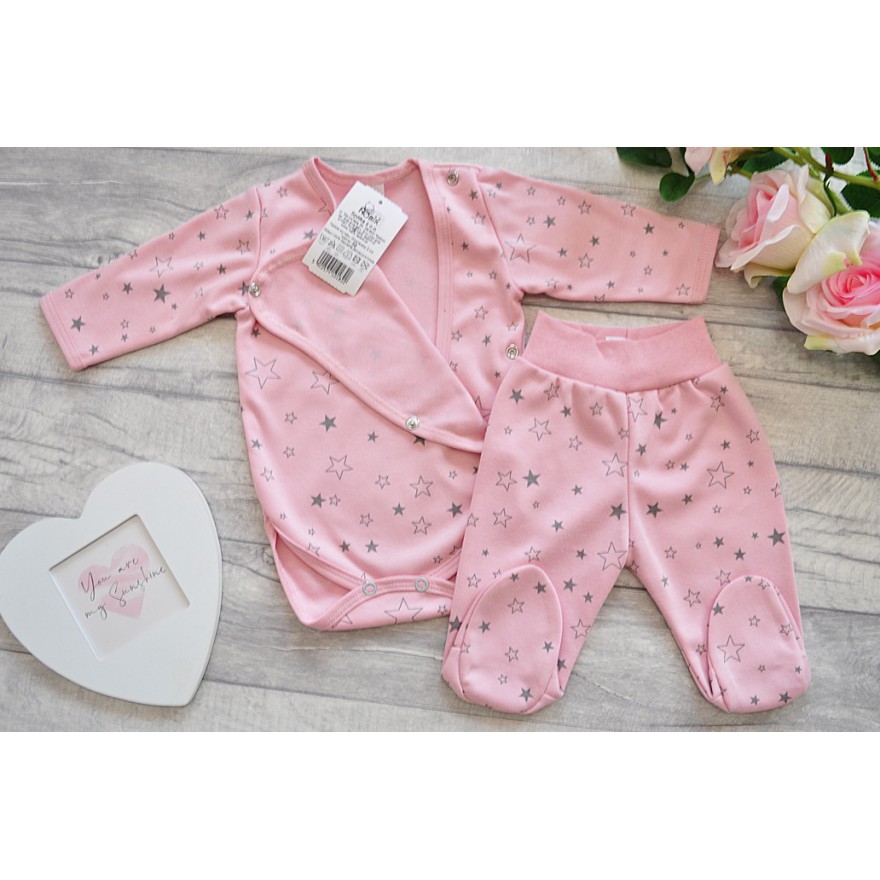 Komplet 2cz body kopertowe półśpiochy, pudrowy w gwiazdki piżamka