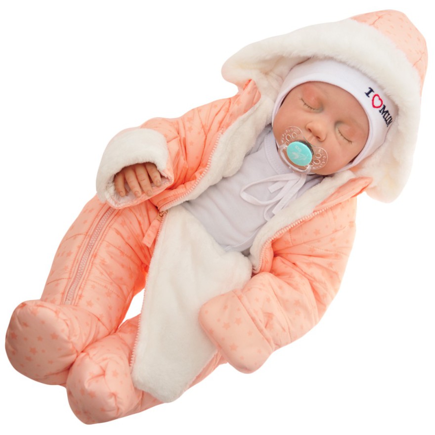 Brzoskwiniowy KOMBINEZON w gwiazdki pikowany na futerku 2 suwaki ZIMA