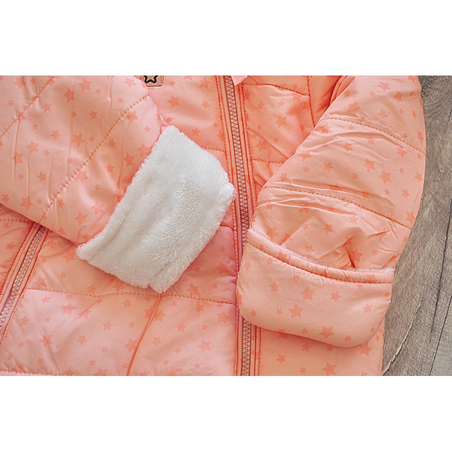 Brzoskwiniowy KOMBINEZON w gwiazdki pikowany na futerku 2 suwaki ZIMA