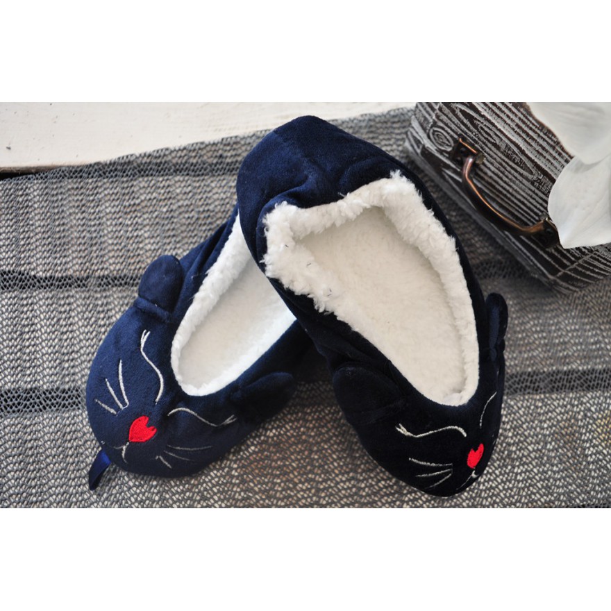 Granatowe BALERINY KOT welurowe buty baletki kapcie