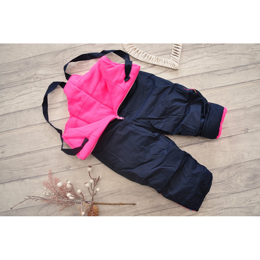 Różowo-granatowy KOMBINEZON w kwiaty, dwuczęściowy na futerku ZIMA