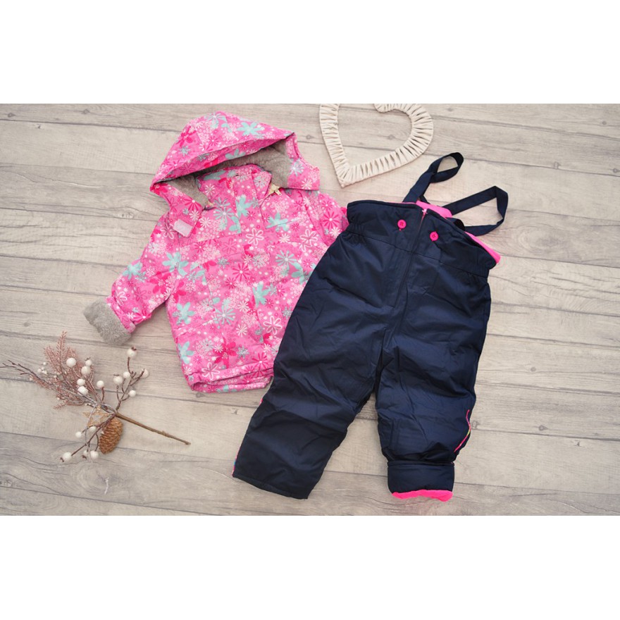 Różowo-granatowy KOMBINEZON w kwiaty, dwuczęściowy na futerku ZIMA