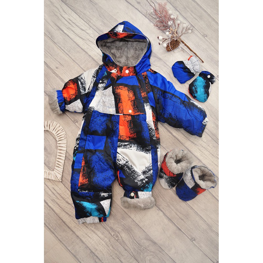 Jednoczęściowy KOMBINEZON na futerku, odpinane stópki ZIMA wzór z pomarańczowym