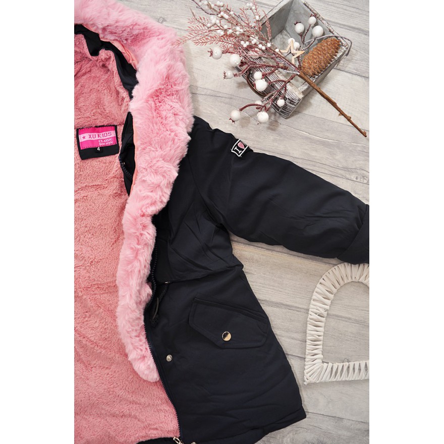 Granatowa KURTKA PARKA na różowym futerku ZIMA