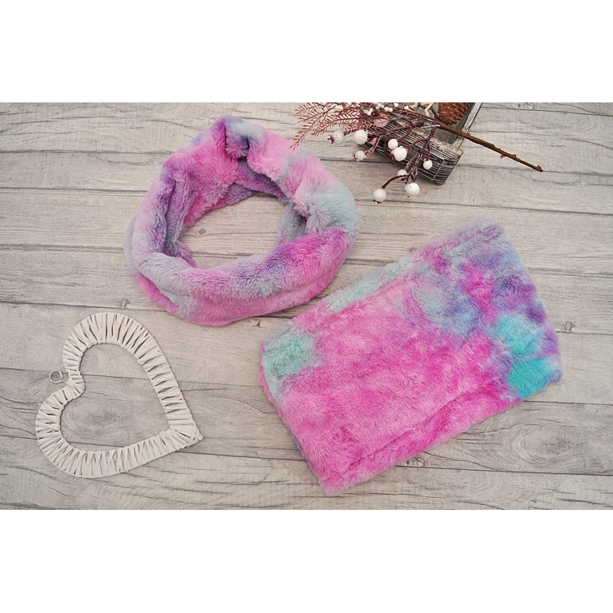 Tęczowy KOMIN ZIMOWY futrzany podwójny roz. uniwersalny