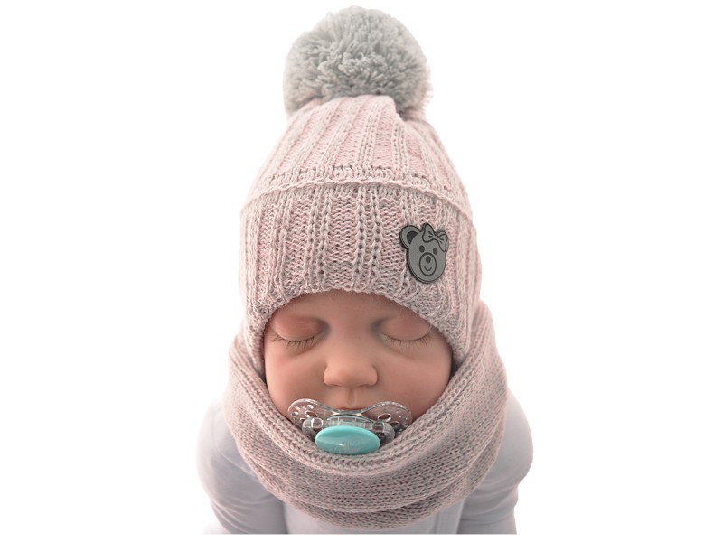 Szaro różowy komplet niemowlęcy czapka i komin