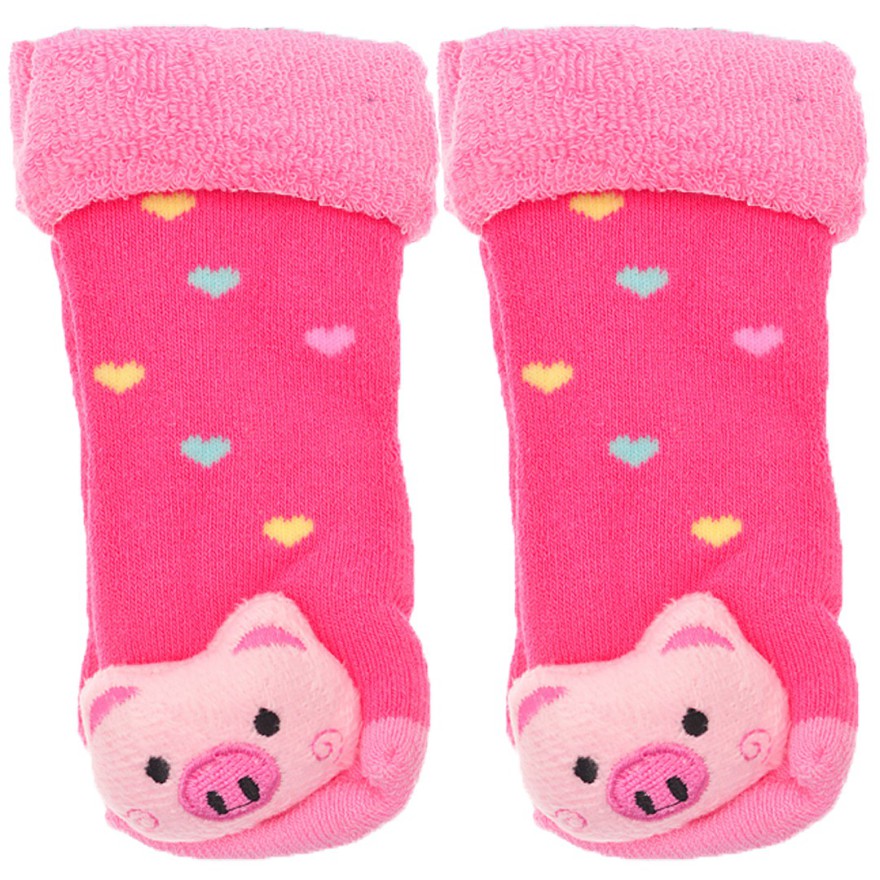 Skarpety frotte z grzechotką dziewczęce skarpetki różowe ze świnką