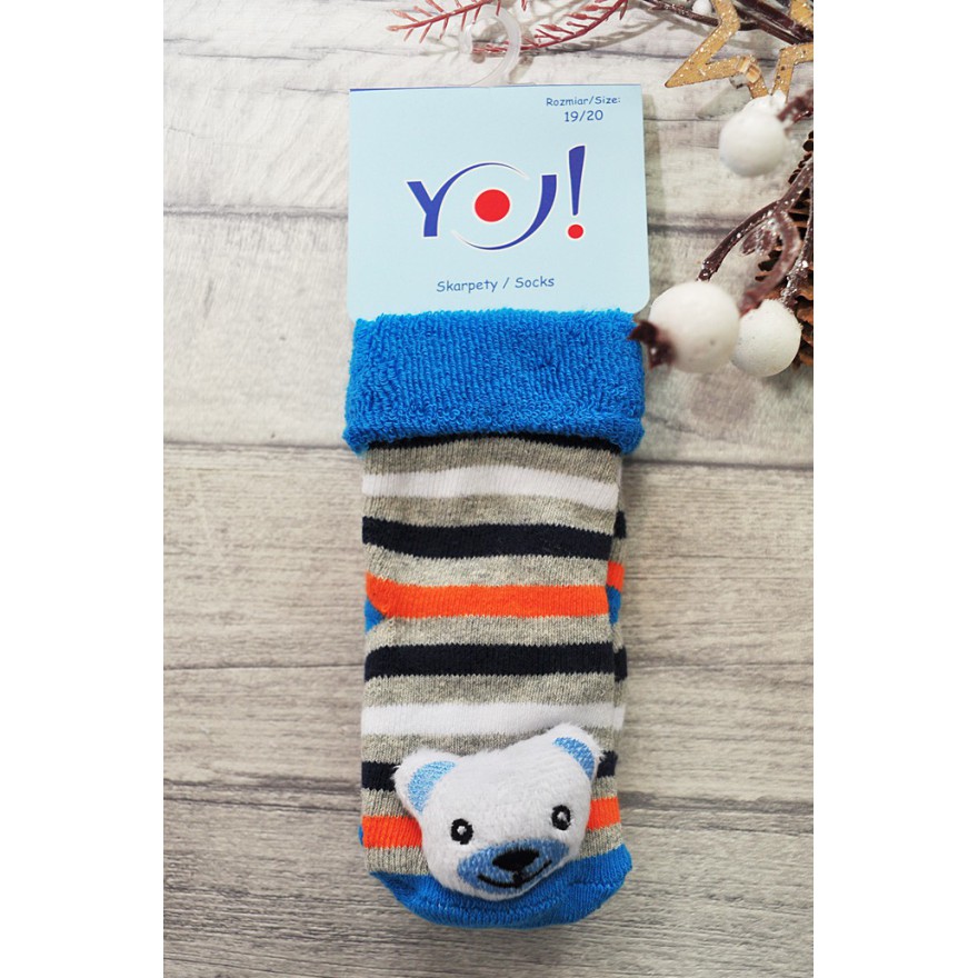 Skarpety frotte z grzechotką chłopięce skarpetki paski pomarańcz z misiem