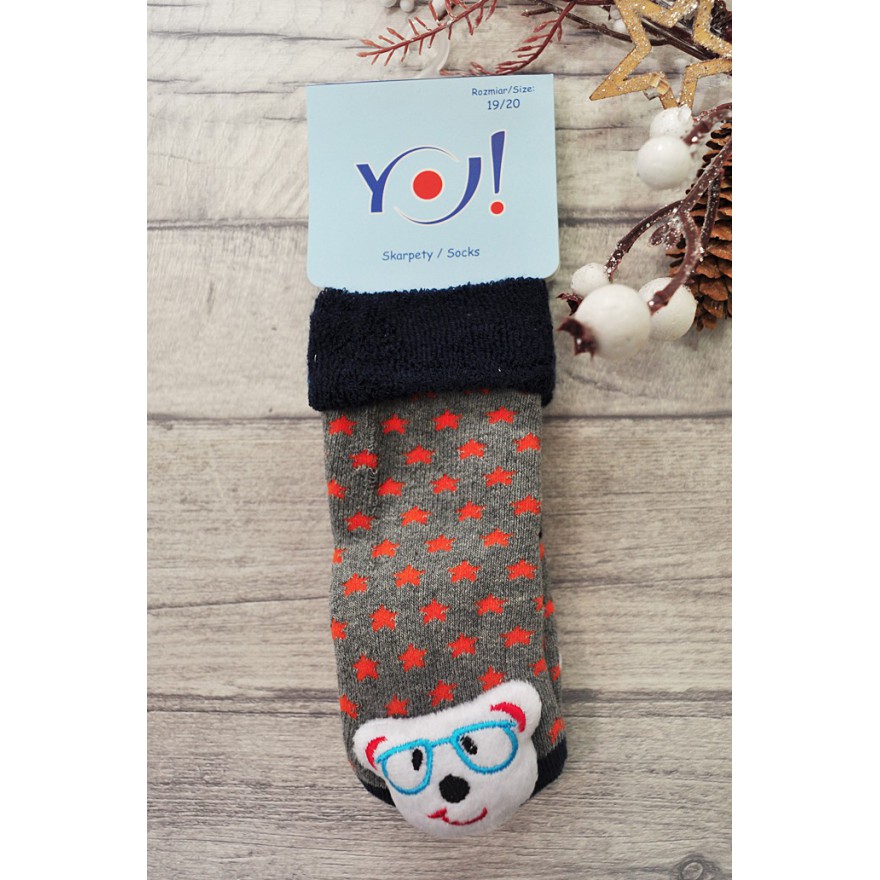 Skarpety frotte z grzechotką chłopięce skarpetki szare w gwiazdki z misiem